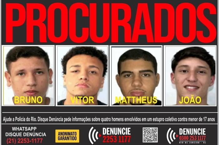 Portal dos Procurados divulgou cartaz dos quatro jovens denunciados pelo estupro coletivo. Portal dos Procurados divulgou cartaz dos quatro jovens denunciados pelo estupro coletivo.