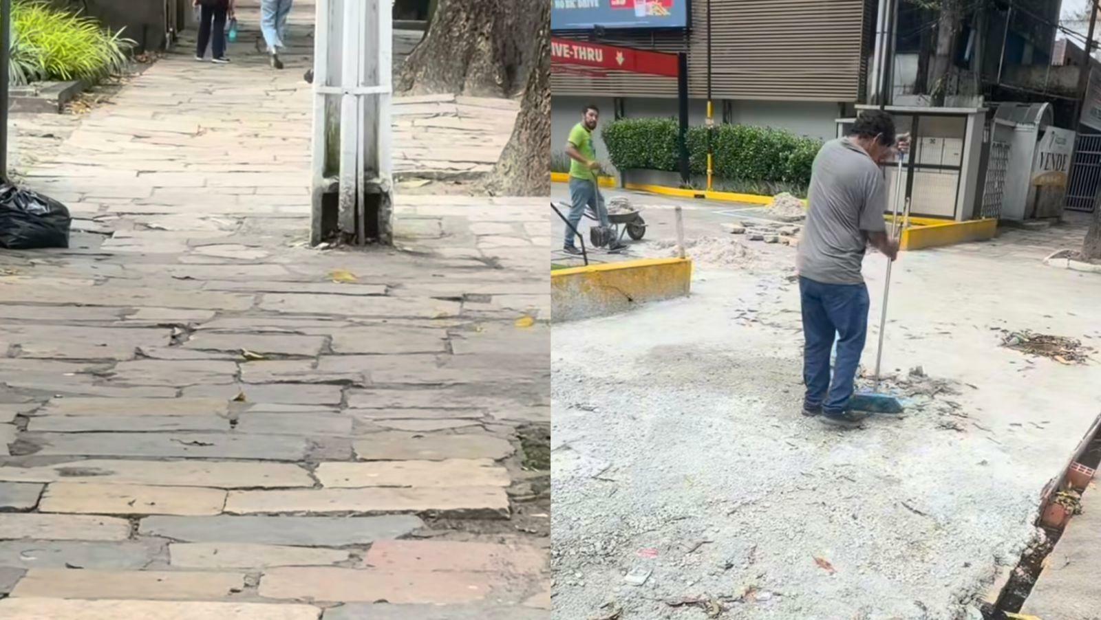 Rede de fast-food causa polêmica após retirar pedras históricas e concretar calçada na av. Nazaré