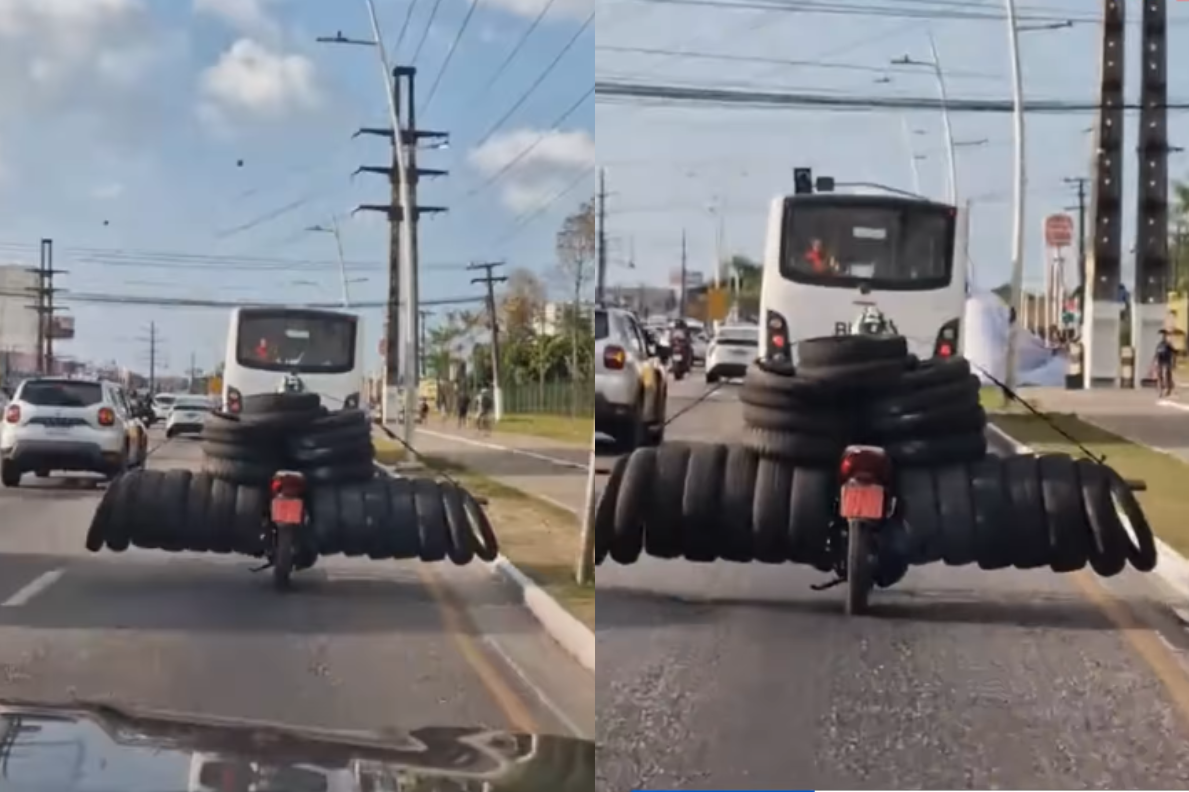 Motociclista é flagrado transportando 'pilha de pneus' na avenida Augusto Montenegro - Foto