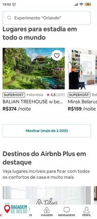 Print da tela do app Airbnb, que oferece estadias em mais de 81 mil cidades em 191 países.