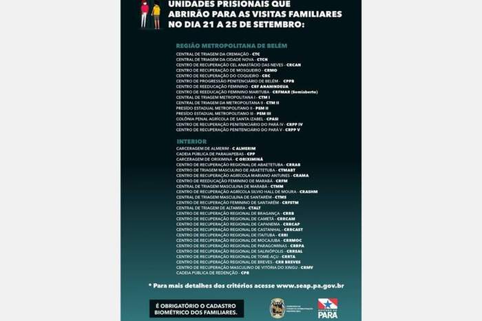 Seap libera mais 38 unidades para visita presencial aos detentos no Pará Seap libera mais 38 unidades para visita presencial aos detentos no Pará