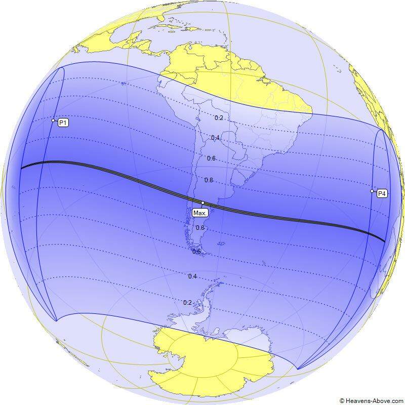Área em azul mais escuro mostra zona onde eclipse pode ser visto
