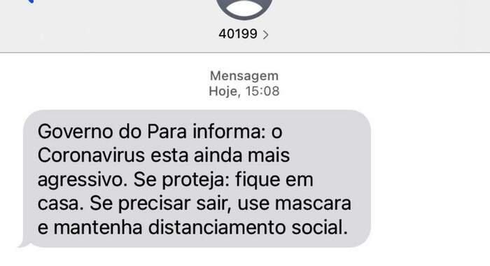 Mensagem enviada pelo Governo do Pará via SMS