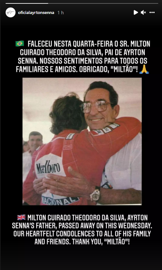 Anúncio foi feito pelos stories do Instagram do perfil oficial de Ayrton Senna