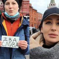 À esquerda, mulher contra a guerra; à direita, ativista aparentemente a favor da invasão russa.