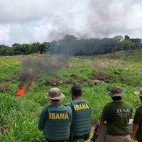 A imagem mostra a operação Guardiões do Bioma realizada na reserva indígena Apyterewa no último dia 22