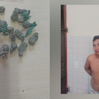 Guarnições da Polícia Militar do município afirmam terem encontrado 20 invólucros de substância semelhante a oxi no bolso do suspeito