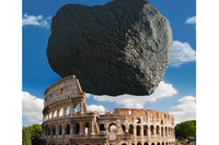Ilustração artística mostra comparação entre o asteroide Dimorphos e o Coliseu, em Roma