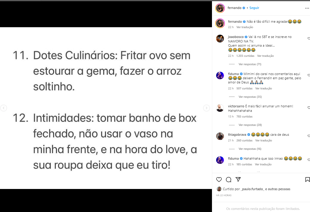 Fernando Zor &eacute; criticado ao criar lista com crit&eacute;rios para 'mulher ideal': ' Machista' | Celebridades | O Liberal