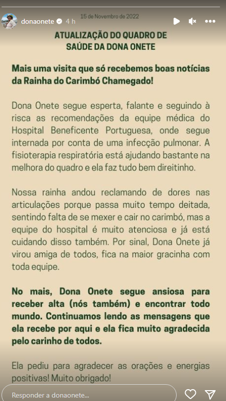 Informações sobre o quadro de Dona Onete foram postados nos Stories do Instagram dela. Informações sobre o quadro de Dona Onete foram postados nos Stories do Instagram dela.