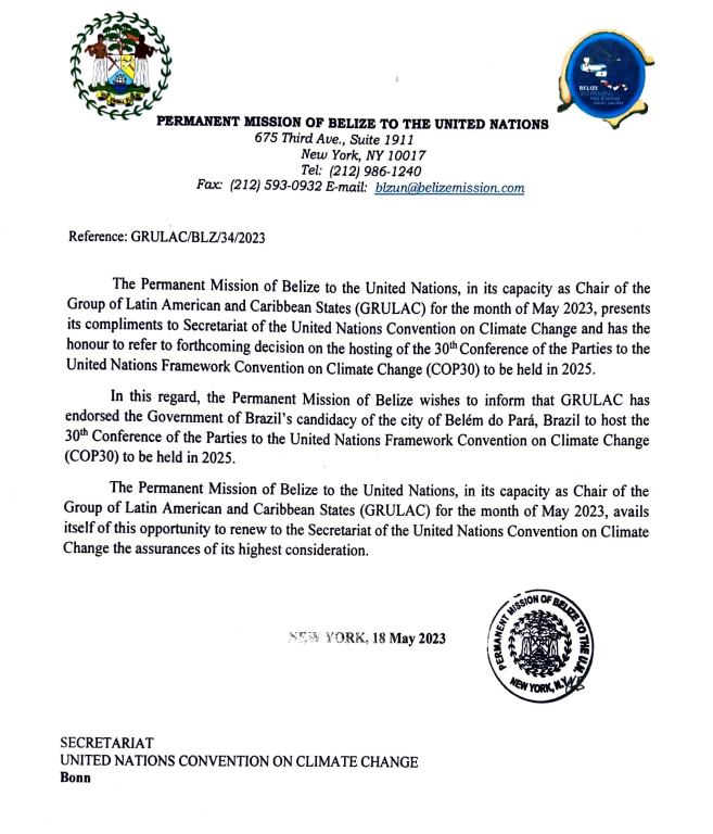 Documento oficial da ONU confirmando Belém como sede da COP 30