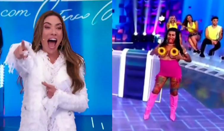 Inês Brasil mostra os seios durante Programa do Silvio  Santos, no SBT (Foto: Reprodução, SBT)