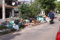 No trecho entre a Rua Nova e a Travessa Visconde de Pirajá, no bairro da Pedreira, os canteiros da Travessa Barão do Triunfo estão tomados de lixo e entulho