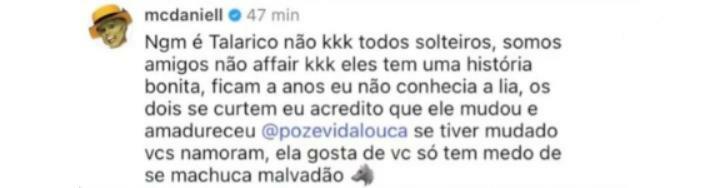 Comentário de MC Daniel sobre live de Mc Poze e Lia Mendonça
