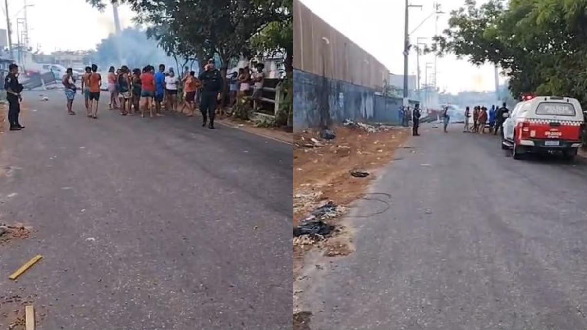 A imagem em destaque mostra a manifestação feita pelos moradores por conta da falta de água na área.