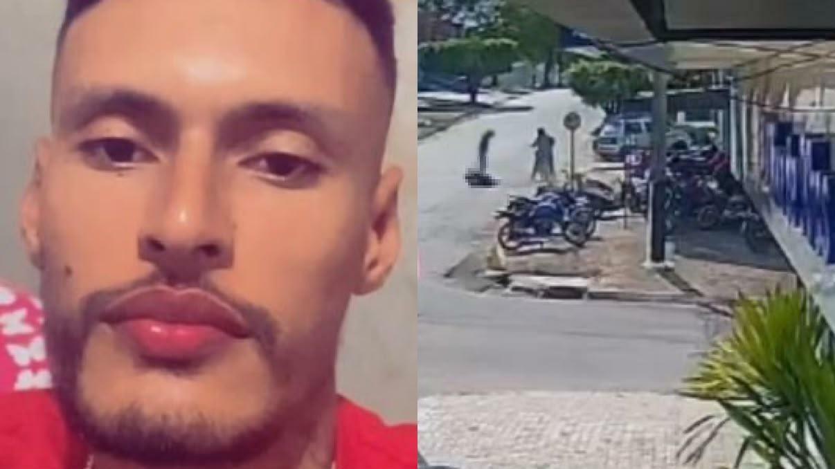 A imagem em destaque mostra a vítima do homicídio (à esquerda) e o momento em que ela é assassinada a tiros (à direita).