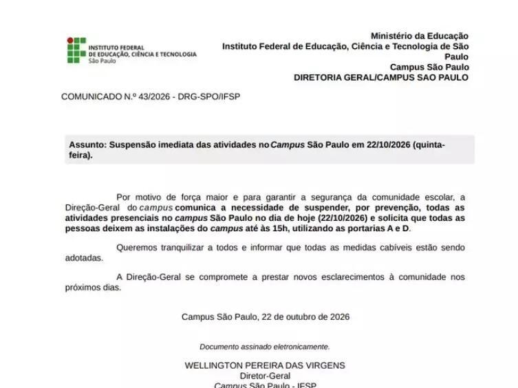 Instituto Federal de SP é esvaziado e aulas são suspensas