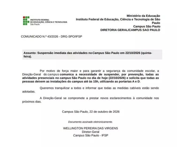 Instituto Federal de SP é esvaziado e aulas são suspensas