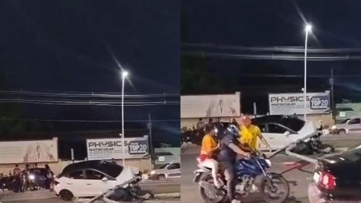 A imagem em destaque mostra o carro envolvido no acidente e o semáforo estirado na avenida Augusto Montenegro.