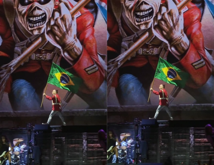 Bruce Dickinson chamou a atenção do público ao erguer a bandeira brasileira durante a execução de “The Trooper”