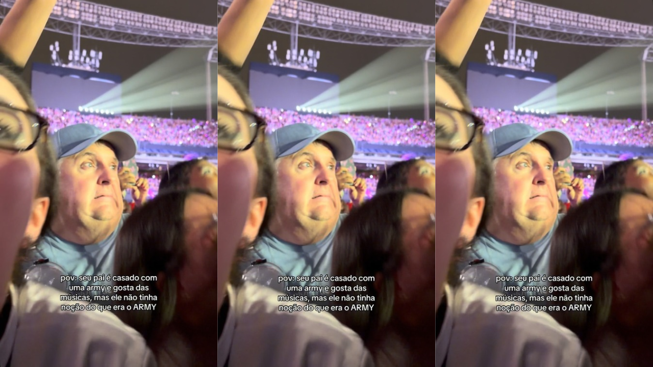 Nas imagens que circulam nas redes sociais, o homem aparece observando, aparentemente surpreso