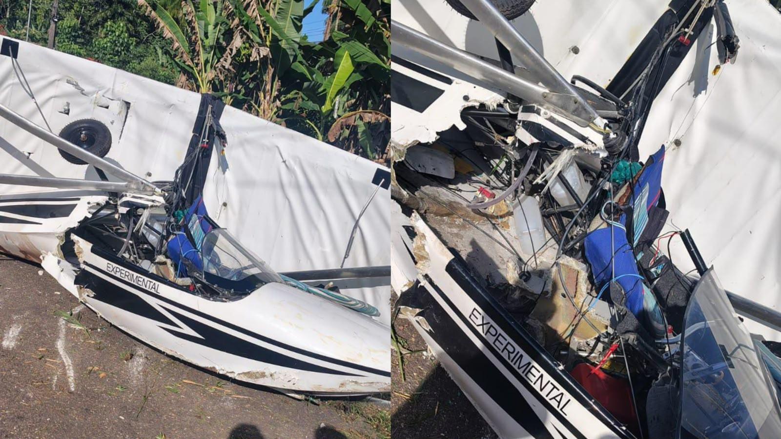 A imagem em destaque mostra o estado em que o avião ficou após cair no meio de rua em Benevides.