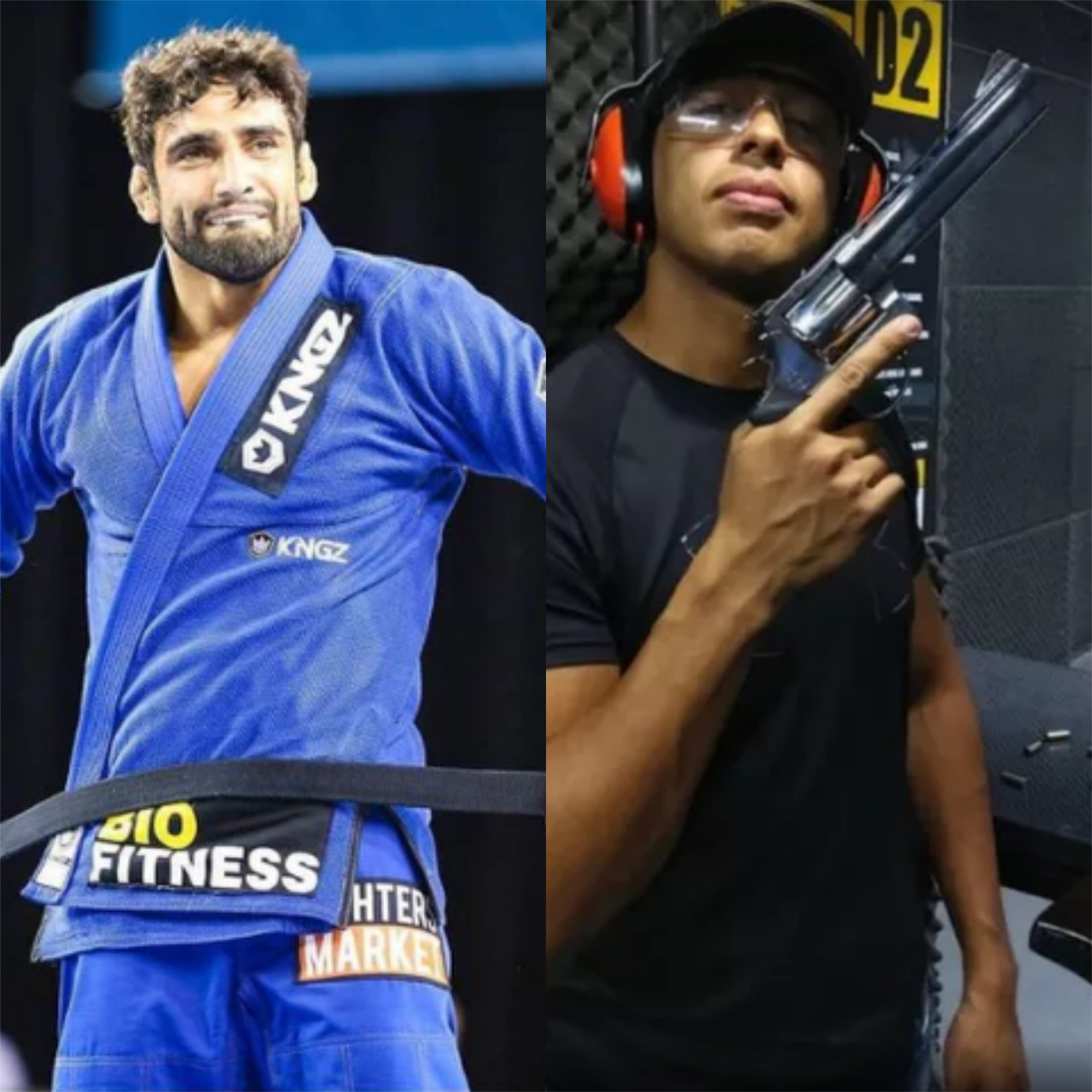 O lutador Leandro Lo e, à esquerda, o policial militar que teria atirado contra ele, Henrique Otávio Oliveira Velozo